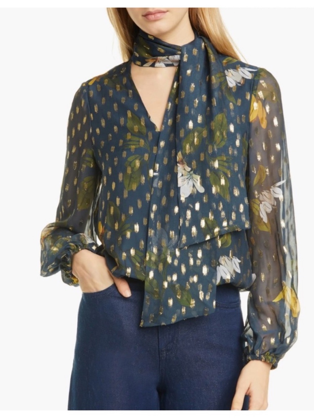 Ted Baker Silk Blend Metallic Floral Scarf Neck Long Sleeve Blouse Size 3